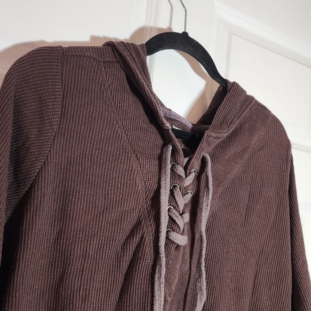 Woman Within Brown Waffle Knit Hooded Sweater with Lace-Up Detail 1X (22/24) - Picture 2 of 4
